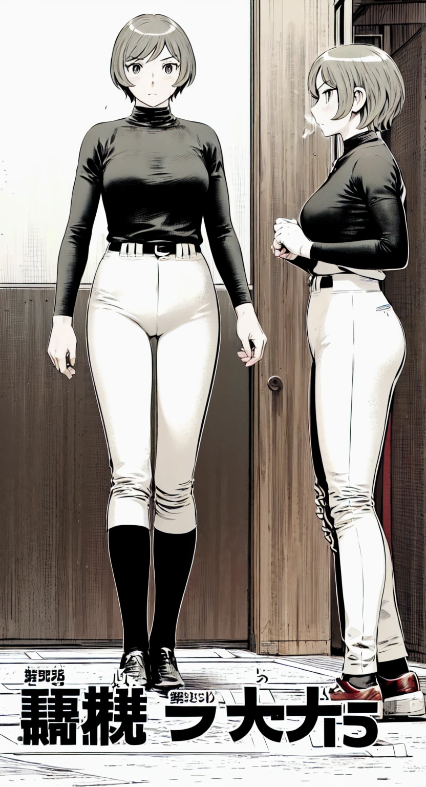 (野球uniform:1.2),
Blonde Hair, (short hair:1.2),Long sleeve, Black Shirt, turtleneck,White trousers、uniform、Black belt、((Illustration of people))、Big Boobs、
View Audience,, (Highest quality:1.3),One Girl, White pants、uniform、Outdoor、baseball ground、ground、soil、blue eyes、Tight black shirt、(masterpiece、Highest quality)、Highest quality, Ultra-high resolution, (((masterpiece))), alone, Sweat、Big eyes、Big Breasts、One Girl, Front view、Embarrassed face、Bronze colored hair、((short hair))、Stand up straight、Cowboy Shot