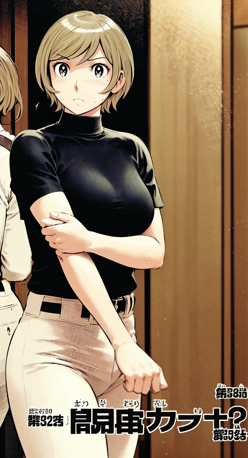 (野球uniform:1.2),
Blonde Hair, (short hair:1.2),Long sleeve, Black Shirt, turtleneck,White trousers、uniform、Black belt、((Illustration of people))、Big Boobs、
View Audience,, (Highest quality:1.3),One Girl, White pants、uniform、Outdoor、baseball ground、ground、soil、blue eyes、Tight black shirt、(masterpiece、Highest quality)、Highest quality, Ultra-high resolution, (((masterpiece))), alone, Sweat、Big eyes、Big Breasts、One Girl, Front view、Embarrassed face、Bronze colored hair、((short hair))、Stand up straight、Cowboy Shot