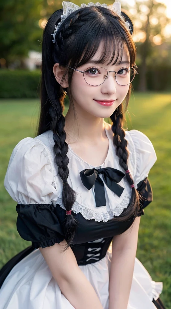 (Highest quality,8K quality,masterpiece:1.3),(Ultra-high resolution,Realistic:1.4,Live Shooting),(Very detailed,Caustics,Detailed Background),(Ultra-Realistic Capture,beautifully detailed skin,Perfect Anatomy),At dusk,Sunset sky, ((Gothic Lolita, Maid clothes, Twin tail hairstyle, black eye)), ,,cute,single eyelid,Long black hair,,Looking into the camera,へにょへにょしたsmile,whole body,Natural light、Big Breasts、Black-rimmed glasses、smile、Gray Hair