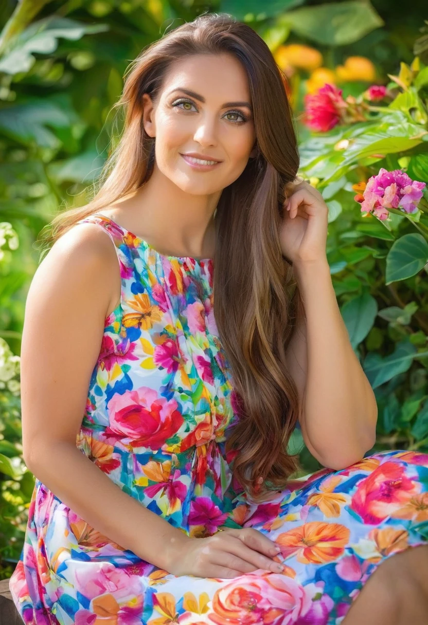 A beautiful woman in her thirties, no, with hypnotizing eyes, Long and loose hair, and a confident expression. She is sitting in a vibrant and colorful garden, surrounded by lush greenery and blooming flowers. Sunlight filters through the leaves, creating a soft and ethereal environment. The woman's skin is flawless and radiant, with a healthy glow. His pose is relaxed, with one hand resting on the knee and the other gently touching a flower petal. The scene is captured in a dreamy, painterly style, resembling a Renaissance portrait or an impressionist masterpiece. The colors are vivid and saturated, with a warm and welcoming color palette. The lighting is soft and diffuse., casting a soft glow on the woman's face and highlighting the delicate details of her features. Overall image quality is of the highest caliber., with ultra detailed textures and realistic rendering. The work exudes a feeling of tranquility, femininity, and timeless beauty.