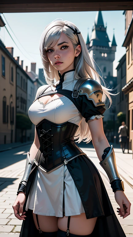 Gwen Tennyson,YoRHa 2b,tracer,Claire Fallon,Overwatch,Atelier Ryza,close,Castle siege battle,Tattoo,Silver and white plug suit,white short sleeve night top,Short Sleeve Knight Full Plate Armor,long night skirt,Steel Knight Corset,Super long hair,Queen&#39;s Makeup,Green Eyes,Multicolored silver hair,Long dress train,Sexy smile, freckles,beautiful girl,Silver thigh-high boots,Large Breasts,8K,Super detailed,Realistic,Fantasy art,Silver Knight Uniform,queen gown dress,hairpin,Ear Piercing,Templar Hand and Neck Jewelry,(weather:the wind is strong),One girl,Long Scarlet Knight Coat,battlefield,Holding a Templar shield,
