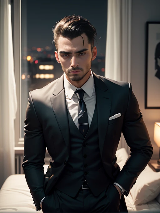 30 years old man, hair combed up, suit and tie, rosto simétrico, expression neutra, dark bedroom, moonlight coming through the window