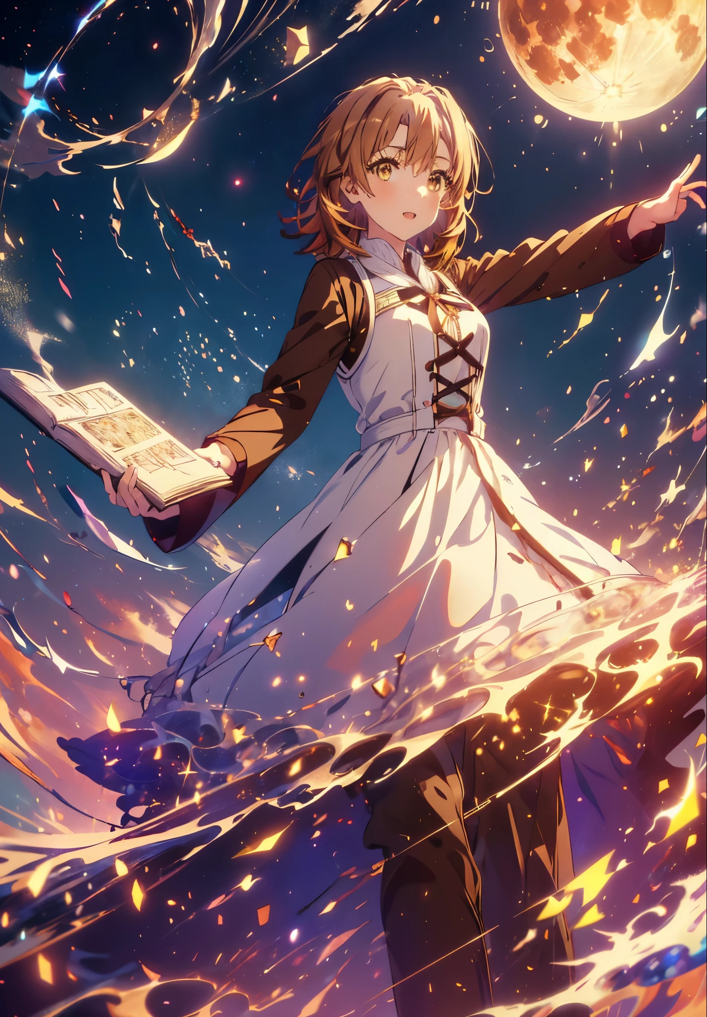 Irohaisshiki, isshiki iroha, Short Hair, Brown Hair, (Brown eyes:1.5), smile,((Night Sky)),((Big full moon)),((Sparkling and colorful stars)),Fluffy hair,((Idol style costume with soft volume)),Long skirt,Pointed shoes,Holding a magic book in his right hand,Uses magic with left hand,((witch)),Rubik&#39;s Square,
break outdoors, forest,forest
break looking at viewer,Upper Body,
break (masterpiece:1.2), Highest quality, High resolution, unity 8k wallpaper, (shape:0.8), (Narrow and beautiful eyes:1.6), Highly detailed face, Perfect lighting, Highly detailed CG, (Perfect hands, Perfect Anatomy),