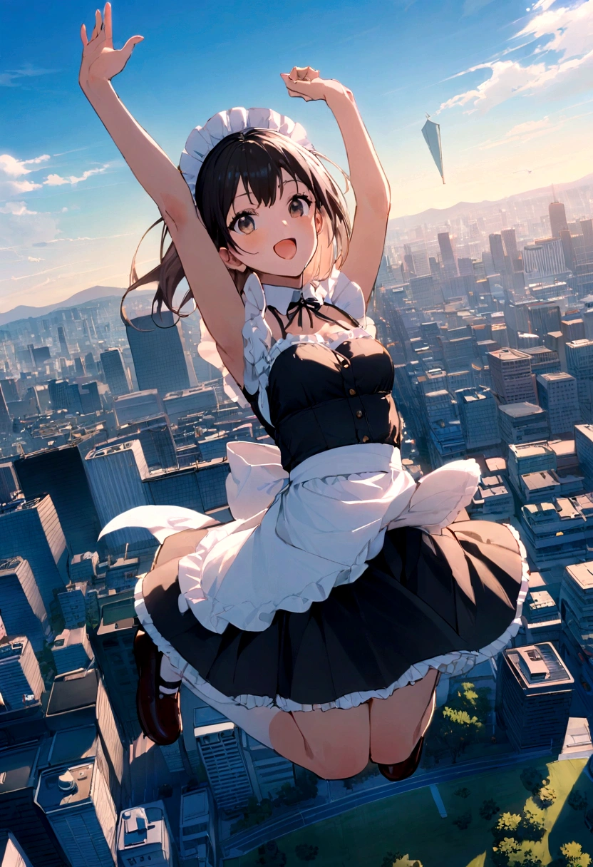 City、走るようなJump、Running pose、Masterpiece、Landscapeの、Landscape、Landscapeのメイド、ビルの上をJump、From Lawn Angle、Maid clothes、beautiful girl、Maid Costume、Frills fluttering in the wind、ビルの合間をJumpする、there is a man that is Jumping in the air with a kite, Leap into the air, Jump pose, Jumping towards viewer, horizontally Leap!!!, Jumping for joy, Leap, Aerial浮揚, Rise from the ground, Leap towards viewer, ultra - high Jump, Jumping, Leap with arms up, Aerial, Jump、skyscraper、City、Tokyo