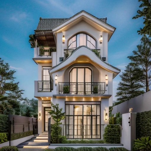 (Townhouse in city ,close houses and trees), (indochine style architecture) daylight ( best quality) ((high solution)) ,(( photo realistic)) ,warm light,  soft lighting, warm atmosphere,high Resolution, hyper detailed,4k ,vray render, octane render, hyper realistic, photography expert ,exterior design , professional photography, exterior photography,wide-angle shot , ultra detail , high Resolution , full frame, full body