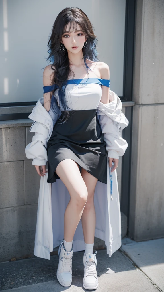 (street:1 blue-haired girl,get up,One word, one step+), masterpiece, best quality, original photo, Realistically, Face, Incredibly ridiculous Resourcetra Long curly brown hair around the ears),Eyeshadow,Technical clothing,(White off-the-shoulder over-the-knee dress),White off-the-shoulder long dress,(White tight flats,Depth of Field, high resolution, Extremely detailed, Filigree, RAWE is very detailed, 眼睛和Face部的细节非常丰富, Sharp pupils, Realistic students, Lock focus, Light,Full body female love,Large,The legs look very long from the front,Dynamic poses,Normal posture,Face部特写