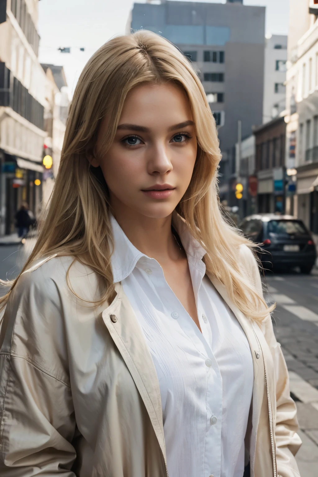  light blonde hair, Best Quality, ultra high resolution (photorealistic: 1,4), oversized jacket, White shirt, 