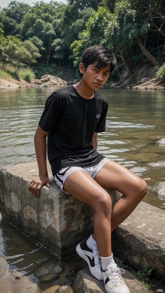 full body portrait photo with natural effect. clothes: no shirt, white volleyball shorts. shoes: wearing black shoes. situation: 17 year old Indonesian teenage boy sitting on a rock by the river with his clothes wet from the river water facing the camera.