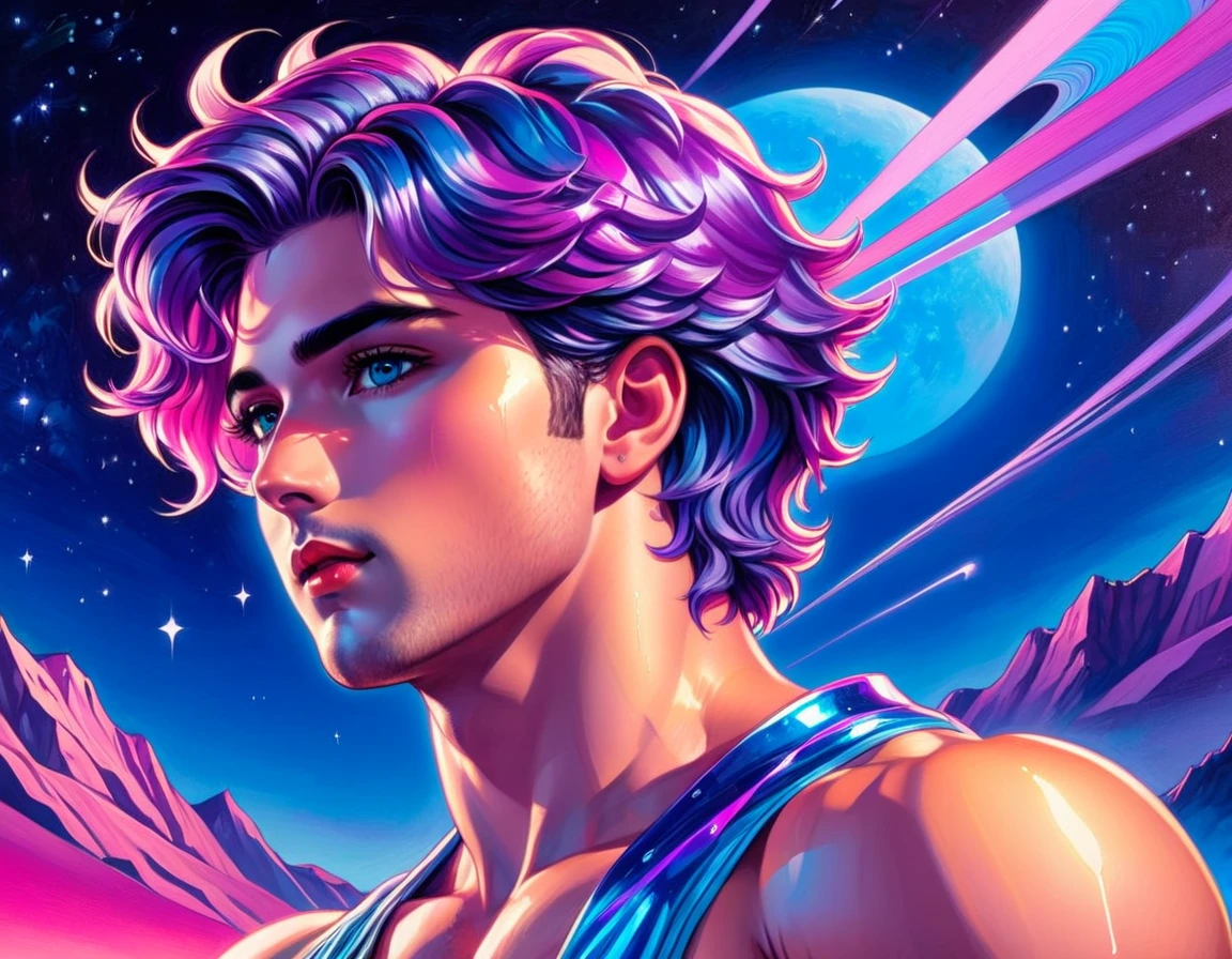 dall3test, vaporwave,  a portrait of a handsome 26 year old man  by Paul Kidby, at night under the stars, glowing gem necklace, energy lines, ð· ðððð¦,    colorful mountainscape, leaning back, chubby chest,  blue and pink theme with deep purple shadows obscuring his face. Mello mood, the portrait invokes a calming feeling,  there is deep contrast in the art, shooting stars in the background, stunning eyes,  