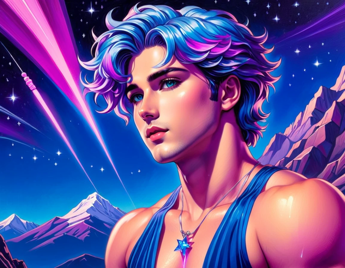 dall3test, vaporwave,  a portrait of a handsome 26 year old man  by Paul Kidby, at night under the stars, glowing gem necklace, energy lines, ð· ðððð¦,    colorful mountainscape, leaning back, chubby chest,  blue and pink theme with deep purple shadows obscuring his face. Mello mood, the portrait invokes a calming feeling,  there is deep contrast in the art, shooting stars in the background, stunning eyes,  