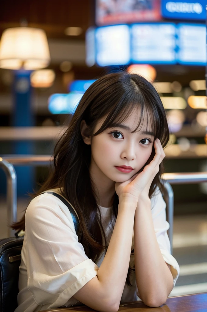 A beautiful young woman looking directly at the camera with a worried expression, her hand on her forehead in a gesture of distress. She is sitting at an airport or in a hotel room, surrounded by foreign currency and travel items. Her eyes convey a mix of confusion and concern, capturing the viewer's attention. The background includes a suitcase, passport, and various international banknotes scattered around. The lighting is dramatic, emphasizing her facial expression and creating a sense of urgency. The scene conveys the stress of dealing with unfamiliar money laws while traveling abroad, with the woman's direct gaze inviting the viewer to empathize with her situation.