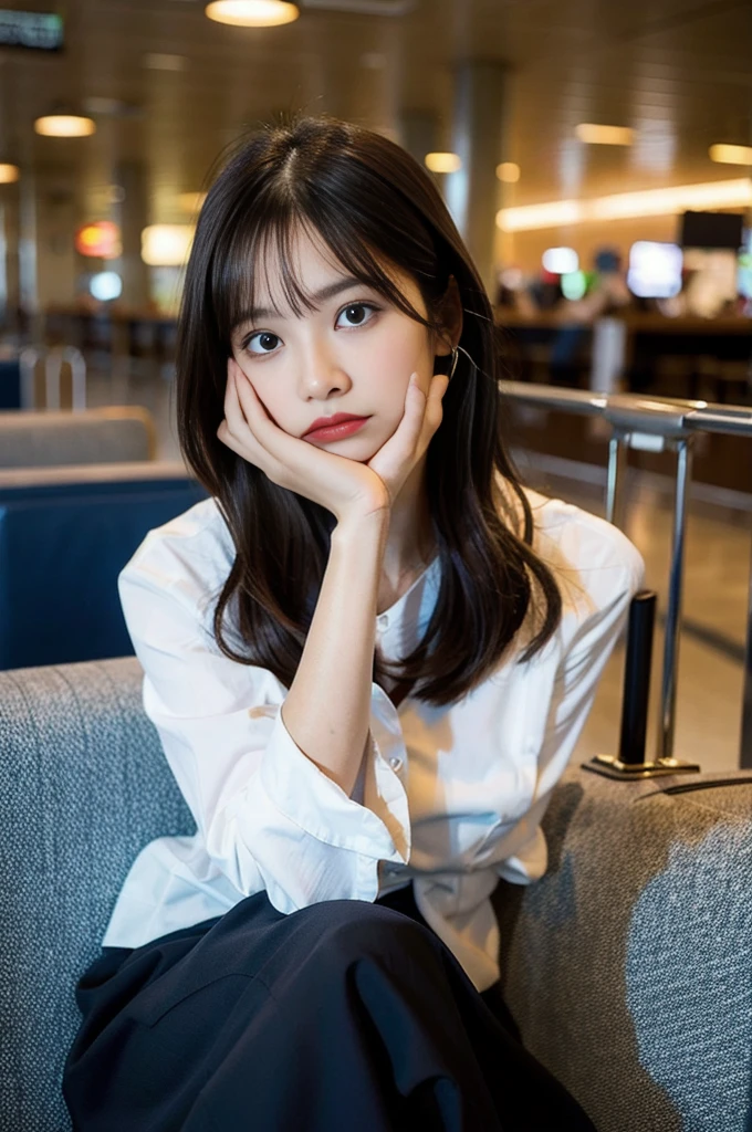 A beautiful young woman looking directly at the camera with a worried expression, her hand on her forehead in a gesture of distress. She is sitting at an airport or in a hotel room, surrounded by foreign currency and travel items. Her eyes convey a mix of confusion and concern, capturing the viewer's attention. The background includes a suitcase, passport, and various international banknotes scattered around. The lighting is dramatic, emphasizing her facial expression and creating a sense of urgency. The scene conveys the stress of dealing with unfamiliar money laws while traveling abroad, with the woman's direct gaze inviting the viewer to empathize with her situation.