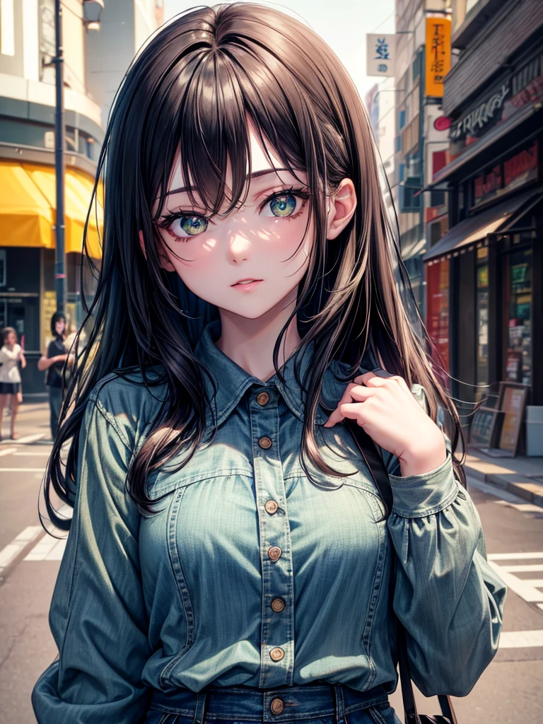 (8K, Best Quality, Masterpiece, Ultra High Resolution) 1 Girl, Woman, Beautiful Eyes, Face Details, Dark Black Hair, Long Hair, Green Eyes, Pale Skin, Black Shirt, Denim Jacket, Plaid Skirt, Cafe, Tokyo, Best Quality, Upper Body, Looking at the Viewer, Facing Viewer, Close Up