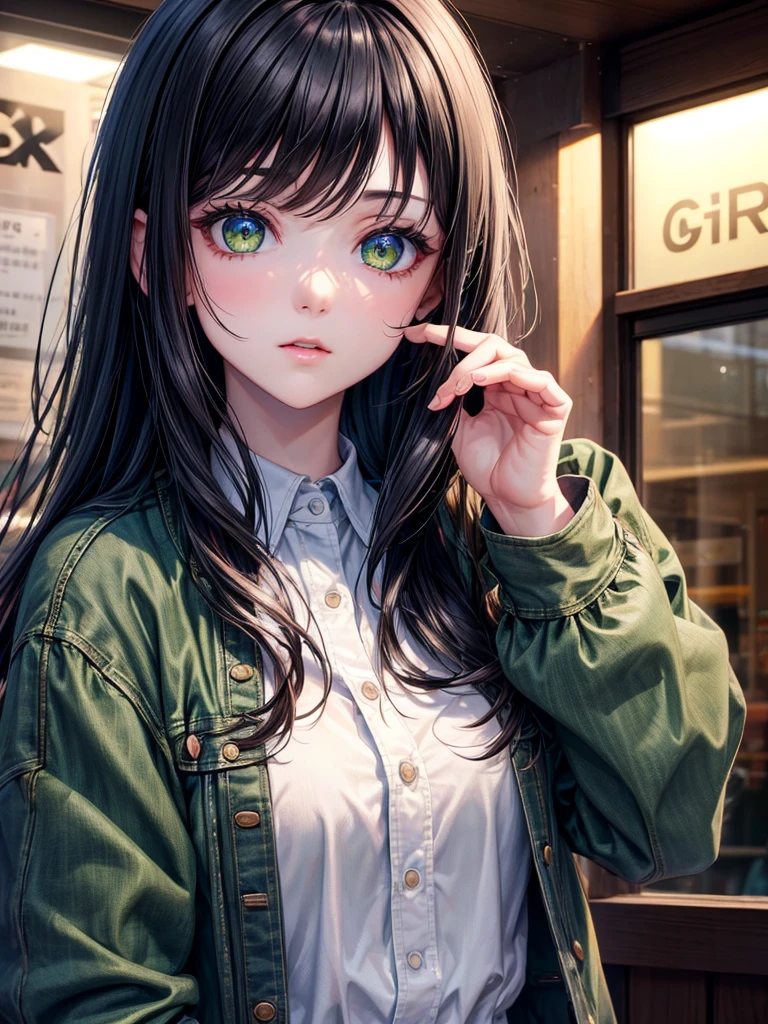 (8K, Best Quality, Masterpiece, Ultra High Resolution) 1 Girl, Woman, Beautiful Eyes, Face Details, Dark Black Hair, Long Hair, Green Eyes, Pale Skin, Black Shirt, Denim Jacket, Plaid Skirt, Cafe, Tokyo, Best Quality, Upper Body, Looking at the Viewer, Facing Viewer, Close Up