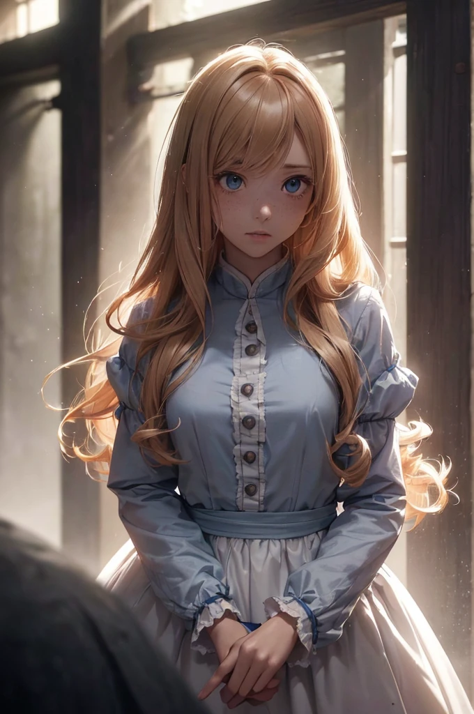 ((1 Female, 1 person, Solitary) Alice,  Humanity, Long curly blond hair, blue eyes, freckle, teenager, 18 years, Rebirth_ongoing) (Main Part, Super detailed, 8K, (HD, Sunlight:0.5, Soft_shadow:0.5, atmosphere_light, 8K, 4K, Surrealism, elegant, ((((Appearance)))), Soft Ton, 柔和的light))(((Dark, Chiaroscuro)))