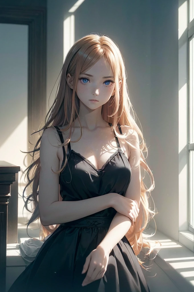 ((1 Female, 1 person, Solitary) Alice, Humanity, Long curly blond hair, blue eyes, freckle, teenager, 18 years, Rebirth_ongoing) (Main Part, Super detailed, 8K, (HD, Sunlight:0.5, Soft_shadow:0.5, atmosphere_light, 8K, 4K, Surrealism, elegant, ((((Appearance)))), Soft Ton, 柔和的light))(((Dark, Chiaroscuro)))