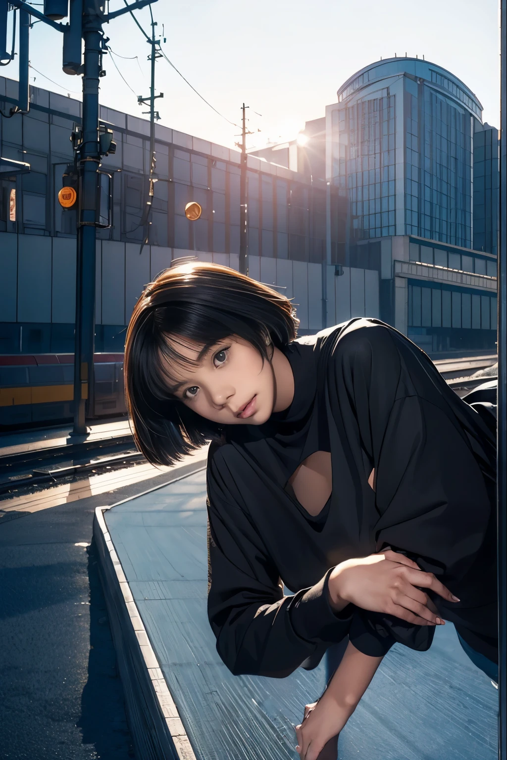 Elaizaikedareal, 19-year-old young woman , highest quality, high resolution, short hair, black eyes, watch viewers, station home , railway ,beauty, top quality , high resolution