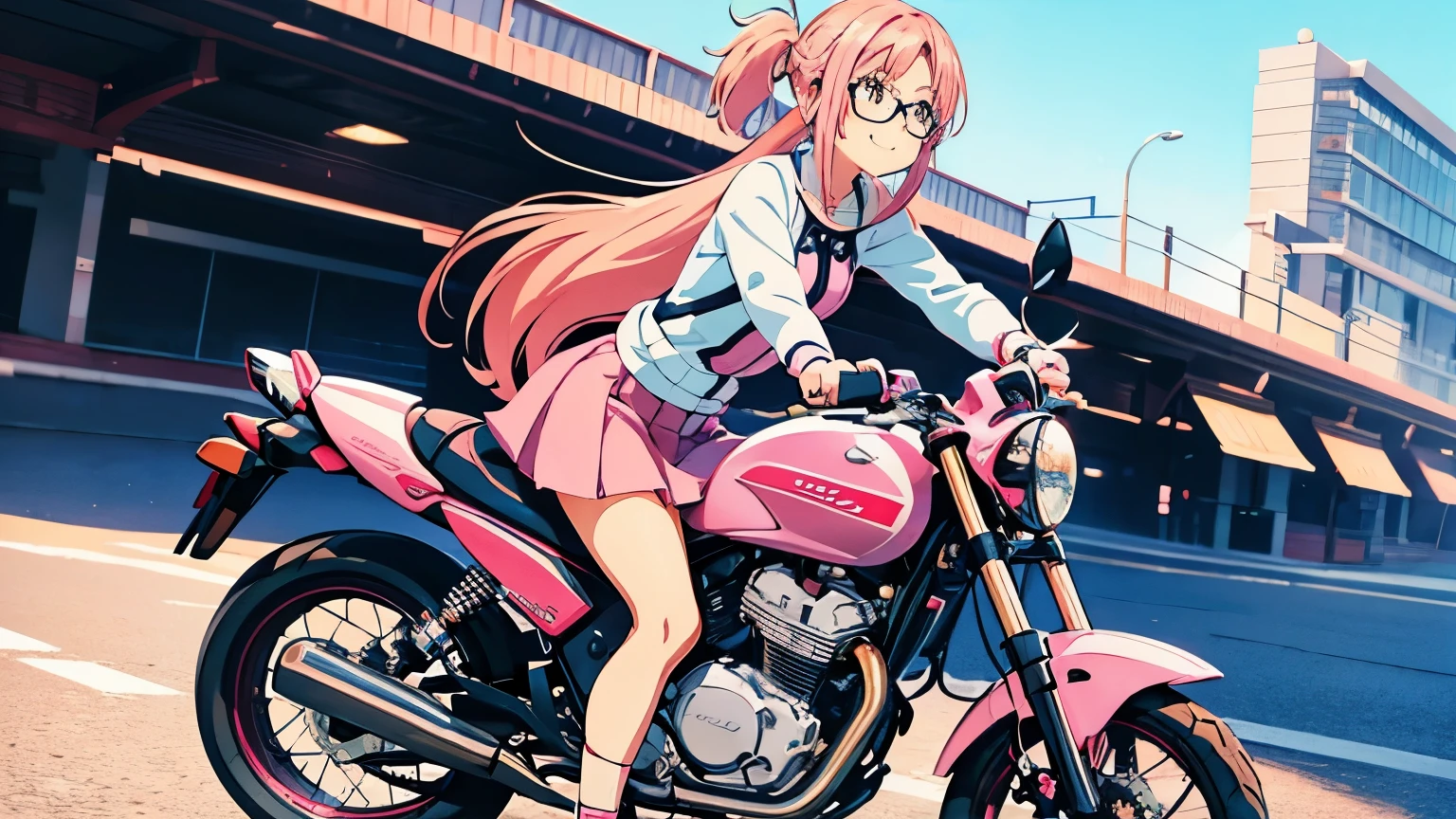 Create an adorable anime-style illustration of a teenage girl with pink hair, wearing a stylish with a mini skirt. She has a playful ponytail and a sweet smile as she confidently straddles a motorcycle. With stylish glasses adding to her charm, she radiates a cute and endearing vibe, perfect for an anime-style illustration.