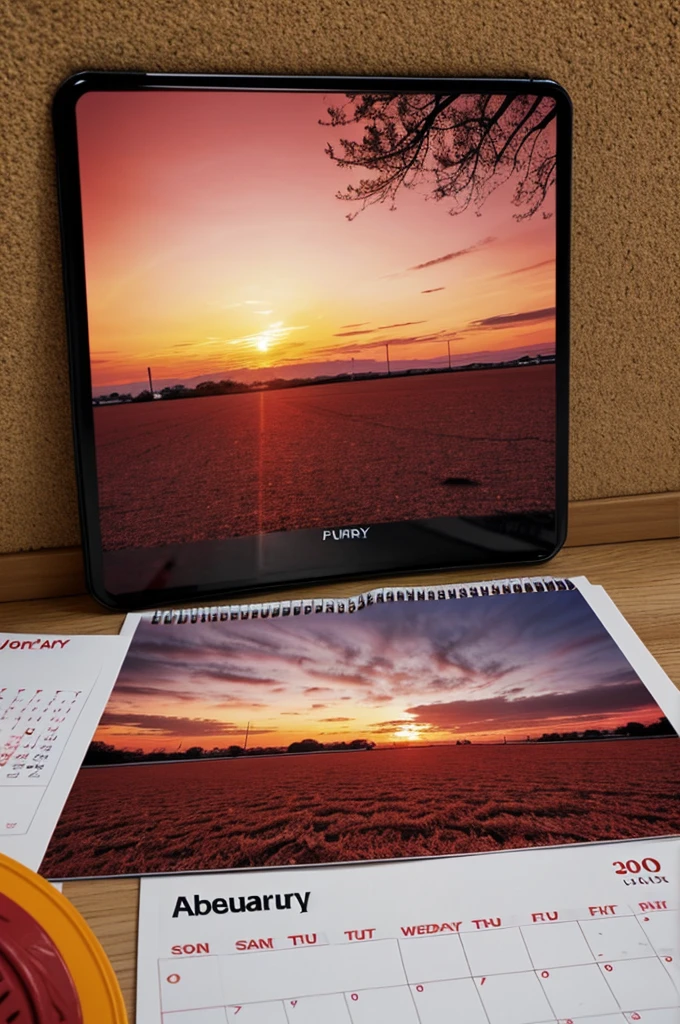 Take a photo of a sky with a red sunset and dry land, Add a calendar to the floor that says "February 30"