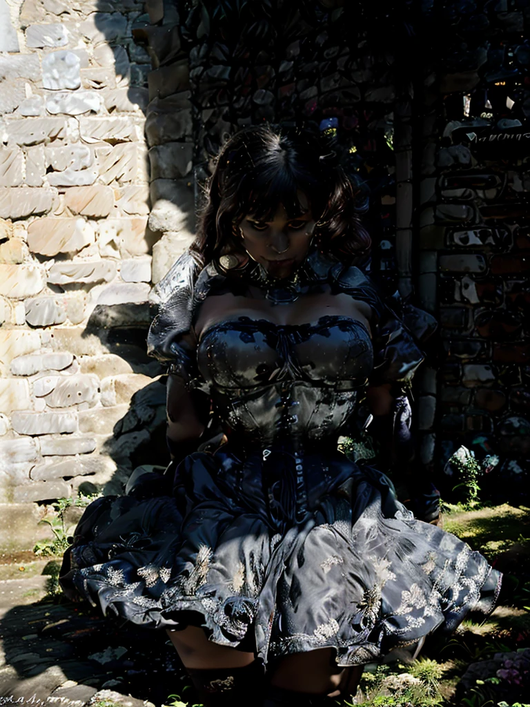  dark haired gothic woman  wearing black satin  wasp waist corset over  quinceanera dress , in stone manor hall, natural lighting, outdoors,, photorealism, PHOTOREALISTIC, cleavage, 4k, Depth of field, Canon, atmospheric lighting
