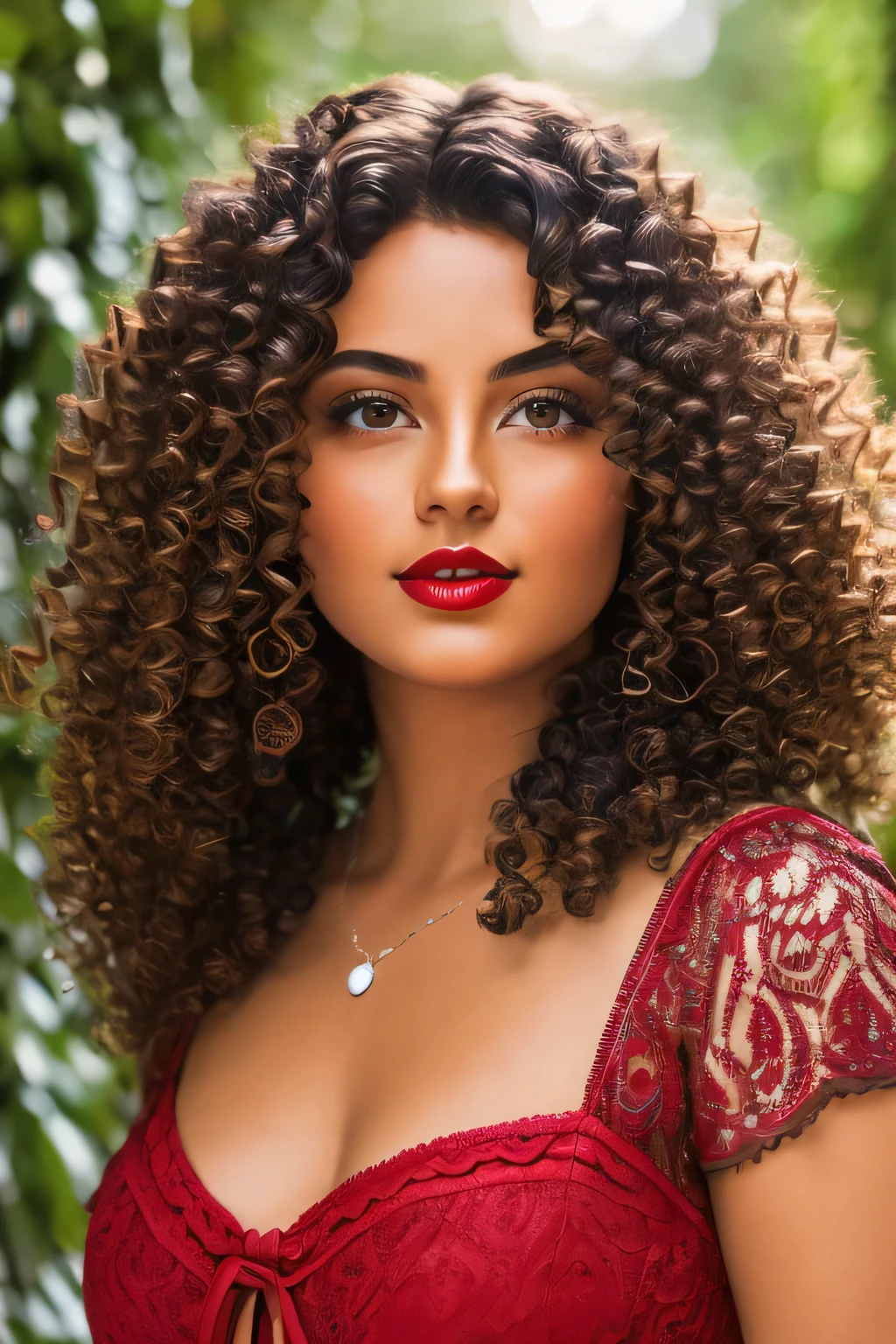 Create the image of a beautiful brunette with curly hair, red lipgloss stick, and dark brown eyes. Make her Colombian.