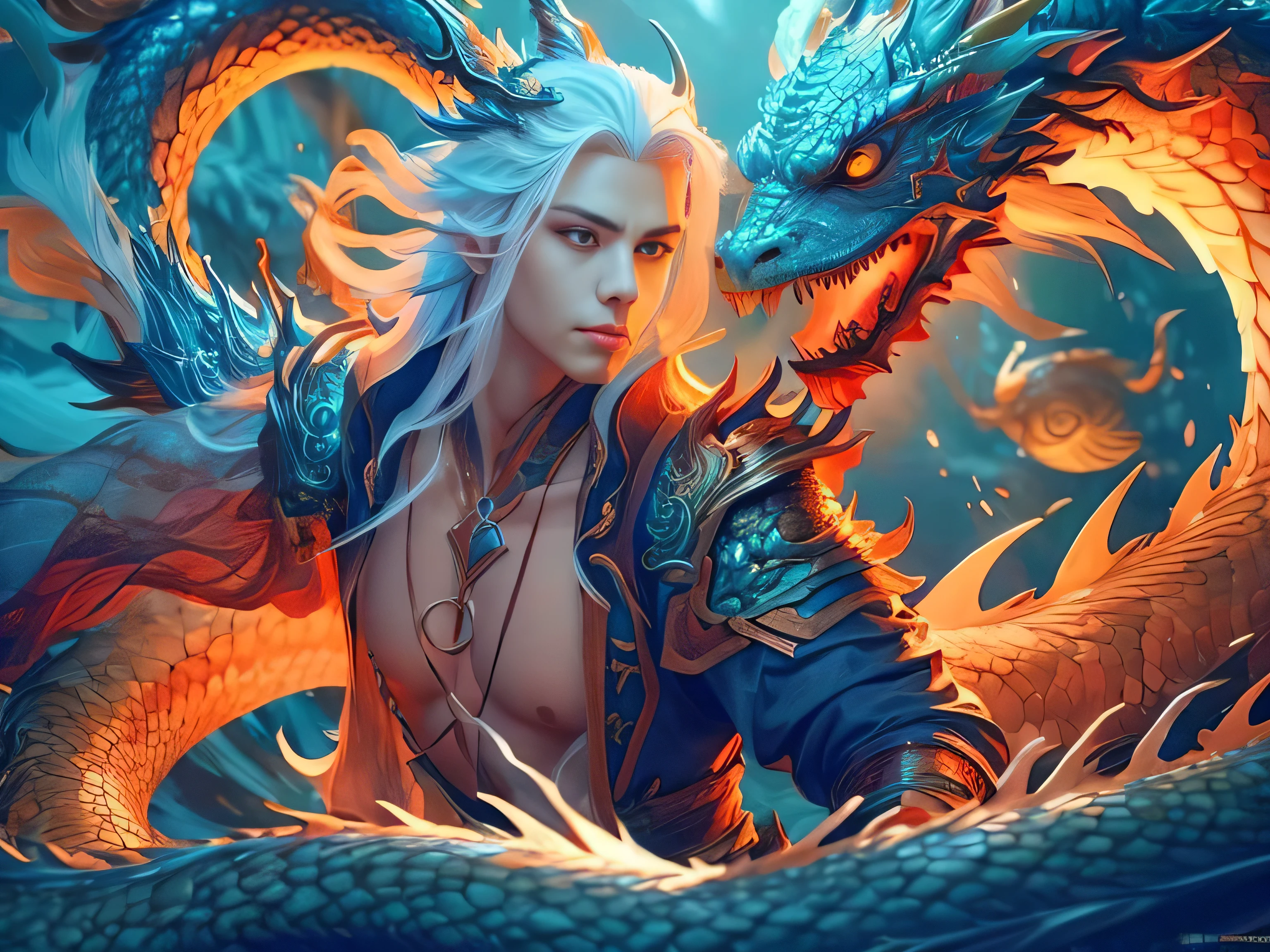 (Best Quality, 8K, Masterpiece, HDR, Soft Lighting, Picture Perfect, Realistic, Vivid), Male Humanoid Dragon (1.0), 1 Guy, Perfect Face, Super Detailed Photo of a Gorgeous Humanoid Dragon Man with Long White Hair, Side by Side lies a white dragon, Beautiful anime fantasy, background blur, anime fantasy, work in the style of Gouves, realism: 1.37, long white hair, plump lips, (((Curvy guy))), (Ultra high quality fantasy art), Masterpiece, male model, male character ultra high quality designs, detailed 8k anime art, realistic anime art, highest quality wallpapers, intricate ultra high quality accurate male characters faces, high quality designs and accurate physics (fantasy - ultra high quality art), dark fantasy style), masterpieces, super high quality quality characters, anime resolution - 8K, realistic anime art, wallpapers with the highest quality illustrations, ultra-high detail faces, high-quality design and accurate physics), color, depth of field, shadows, ray tracing, high-quality execution. -high quality and 8K resolution, (Accurate simulation of the interaction of light and materials)], [High-quality hair detail [Read more about beautiful and shiny white hair]], (Beautifully detailed hands [perfect fingers [Perfect nails]]], (perfect anatomy ( perfect proportions)))) [[Full-length]], [Perfect combination of colors (Accurate imitation of the interaction of light and material)], [art that conveys the meaning of the story](modified)