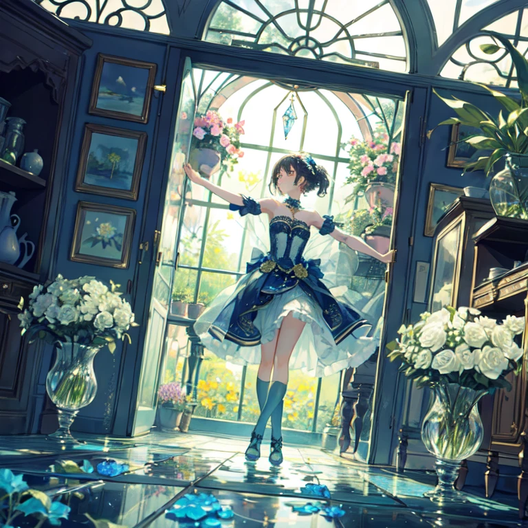 The combination of women and flowers,Colorful,dream,conservatory,((Glass)),((crystal)),water surface,((Ultra-high detail)),a girl,There are many flowers on the body,dynamic poses,looking into camera,As if he had something to say,best picture