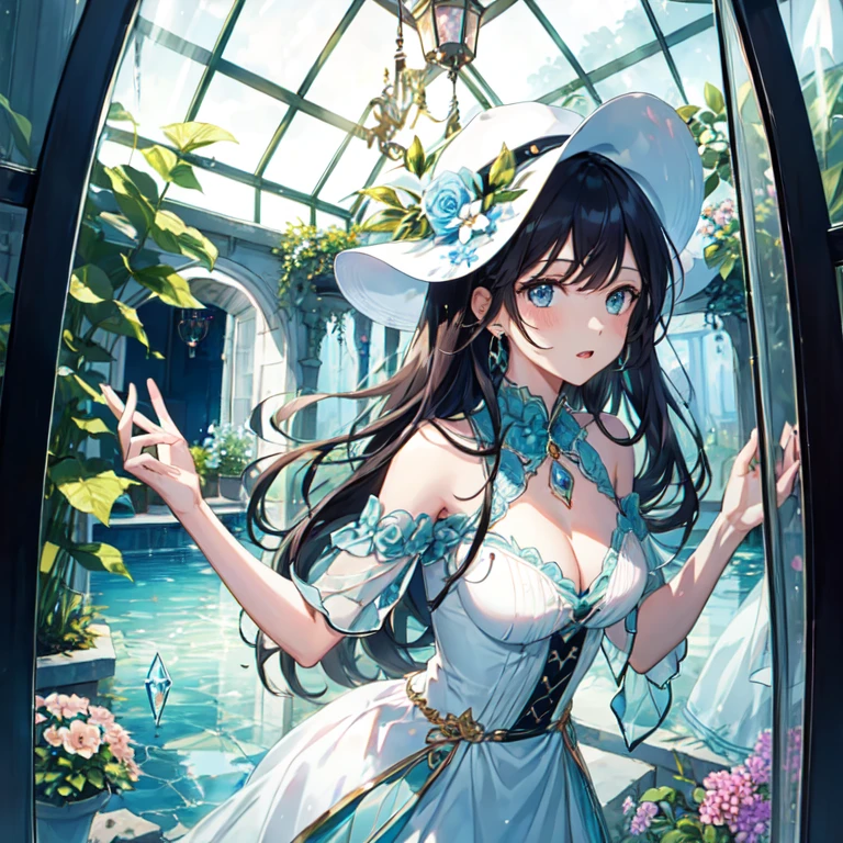 The combination of women and flowers,Colorful,dream,conservatory,((Glass)),((crystal)),water surface,((Ultra-high detail)),a girl,There are many flowers on the body,dynamic poses,looking into camera,As if he had something to say,best picture