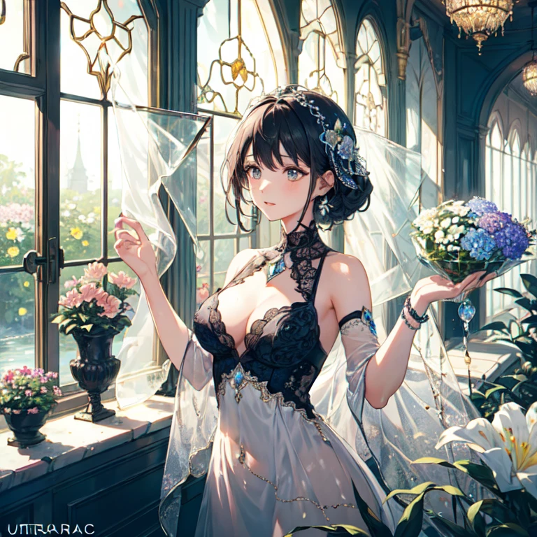 The combination of women and flowers，Colorful，dream，conservatory，((Glass))，((crystal))，water surface，((Ultra-high detail))，a girl，There are many flowers on the body，dynamic poses，looking into camera，As if he had something to say，best picture