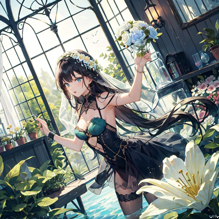 The combination of women and flowers,Colorful,dream,conservatory,((Glass)),((crystal)),water surface,((Ultra-high detail)),a girl,There are many flowers on the body,dynamic poses,looking into camera,As if he had something to say,best picture