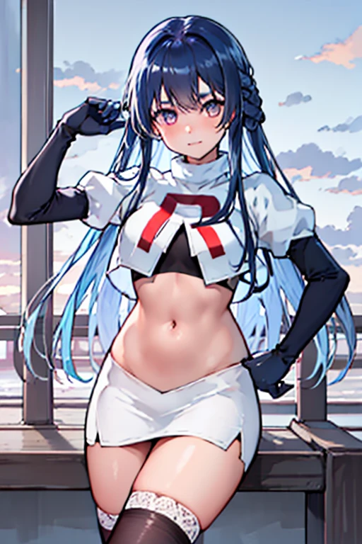 photorealistic (4k) depth of field, (Masterpiece), (realistic skin texture), extremely detailed, intricate, hyper detailed, professional photography, high resolution, sharp detail, best quality, woman, tanned skin, long hair, 2eyes, solo, team rocket, team rocket uniform, red symbol Ω, white skirt, white crop top, black thigh highs, black elbow gloves