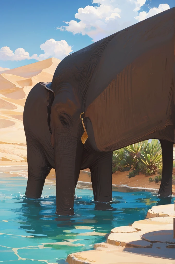 An elephant drinks water in an oasis in the desert