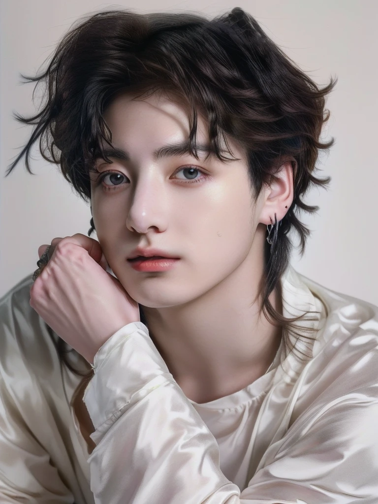 A closeup of a young man with a messy haircut, Timotee Chalamet, jeon jungkook, portrait of Timotee Chalamet, cute androgynous prince, delicate androgynous prince, jungkook, high-quality portrait, beautiful young model, androgynous man, beautiful young man, Beautiful young man, jungkook from bts, Tommy 1 s, perfect face and boy, editorial model, Jeon Jungkook from bts