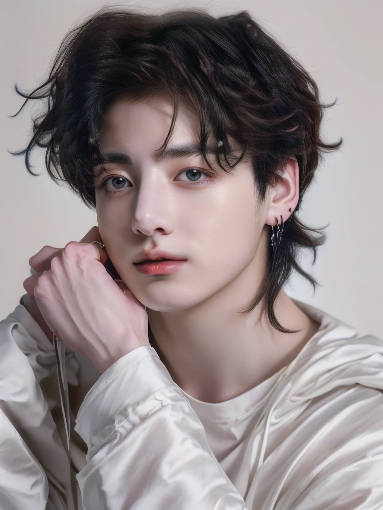 A closeup of a young man with a messy haircut, Timotee Chalamet, jeon jungkook, portrait of Timotee Chalamet, cute androgynous prince, delicate androgynous prince, jungkook, high-quality portrait, beautiful young model, androgynous man, beautiful young man, Beautiful young man, jungkook from bts, Tommy 1 6 , perfect face and boy, editorial model, Jeon Jungkook from bts 