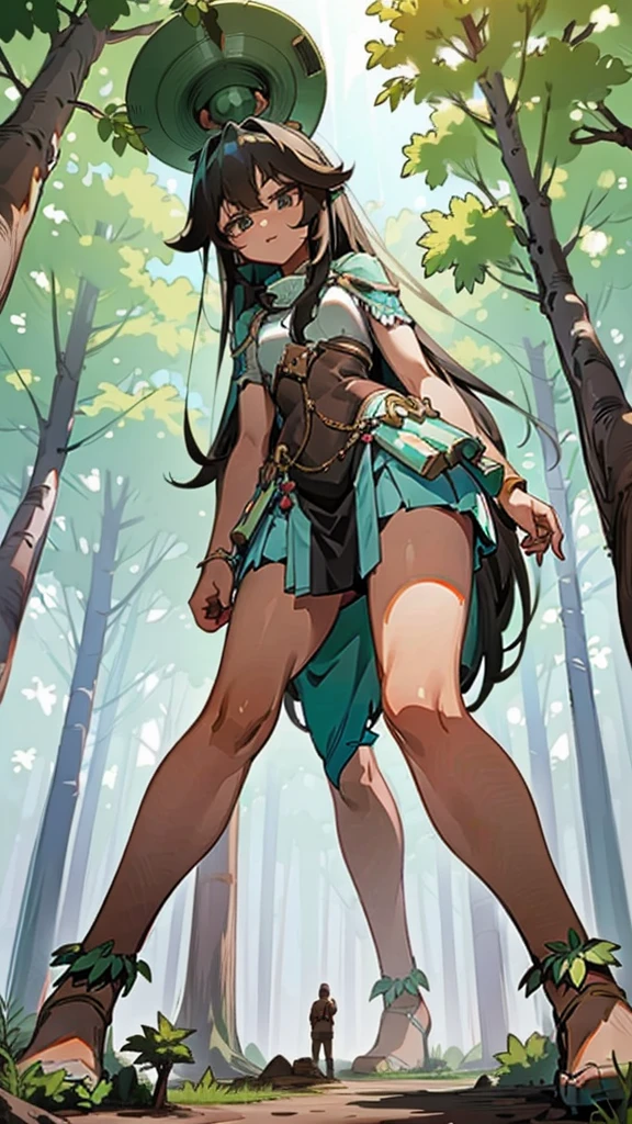 In a forest of large trees there is an even larger Amazonian giantess, with brown skin, black hair, thin, with clothes of the forest, and with very long legs, she is looking for small human invaders of the forest to destroy them so that they do not disturb the peace of the forest. Giantess, goddess, hot, black skin, tall legs, sexy, tiny people, tiny humans, crush, forest, trees, standing, group of small people, slim body