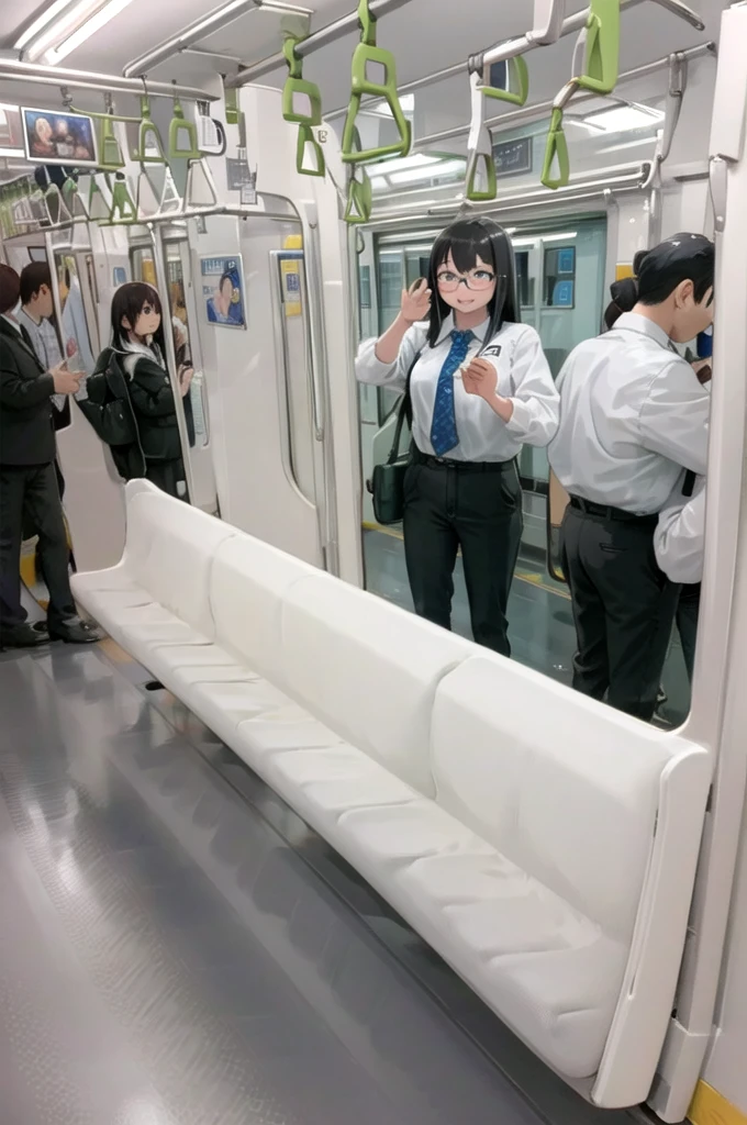 Highest quality, Super detailed, figure,
Multiple Girls, , Black Hair, Glasses, school bag, smile, Laughter, View your viewers, crowded train、Lots of girls、1man、Stand behind the girl in front、A man is touching a girl's butt、
e235, Inside the train, scenery, Sheet, window, screen, Realistic, photograph background, photograph (Moderate), photographRealistic, close