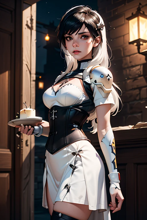 Gwen Tennyson,YoRHa 2b,tracer,Claire Fallon,Overwatch,Atelier Ryza,close,Castle siege battle,Tattoo,Silver and white plug suit,white short sleeve night top,Short Sleeve Knight Full Plate Armor,long night skirt,Steel Knight Corset,Super long hair,Queen's Makeup,Green Eyes,Multicolored silver hair,Long dress train,Sexy smile, freckles,beautiful girl,Silver thigh-high boots,Large Breasts,8K,Super detailed,Realistic,Fantasy art,Silver Knight Uniform,queen gown dress,hairpin,Ear Piercing,Templar Hand and Neck Jewelry,(weather:the wind is strong),One girl,Long Scarlet Knight Coat,battlefield,Holding a Templar shield,