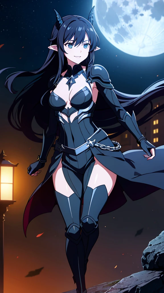 1girl,adult,fit,30s,sensual,black armor,cleavage,pointy ears,black hair,long hair,night,moon,floating,smile,dynamic pose, horns,