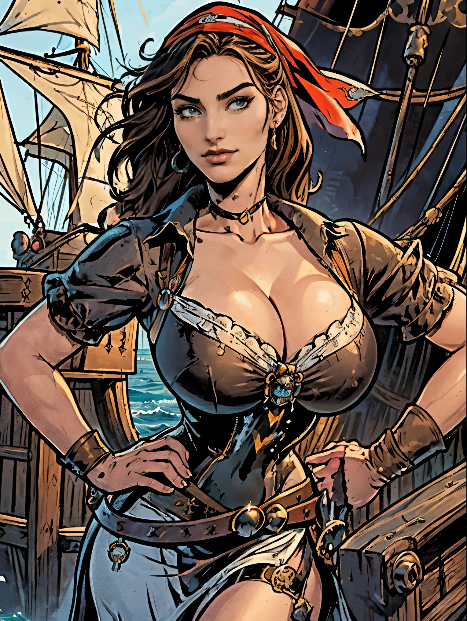 (masterpiece, top quality, best quality, official art, beautiful and aesthetic:1.2), (1girl:1.3), ((Sharp facial features, sharp features, hawkish features)), big tiddy brunette pirate girl, extremely detailed, portrait, looking at viewer, solo, (full body:0.6), detailed background, close up, (warm ocean pirate ship theme:1.1), pirate girl, red headband, red bandana, do-rag, charlatan, smirk, mysterious, on a pirate ship, corset, white dress, chemise, blouse, ((((gigantic breasts, cleavage, skindentation)))), slim waist, slim hips, long legs, pirate (ship exterior:1.1) background, dark mysterious lighting, shadows, magical atmosphere, dutch angle