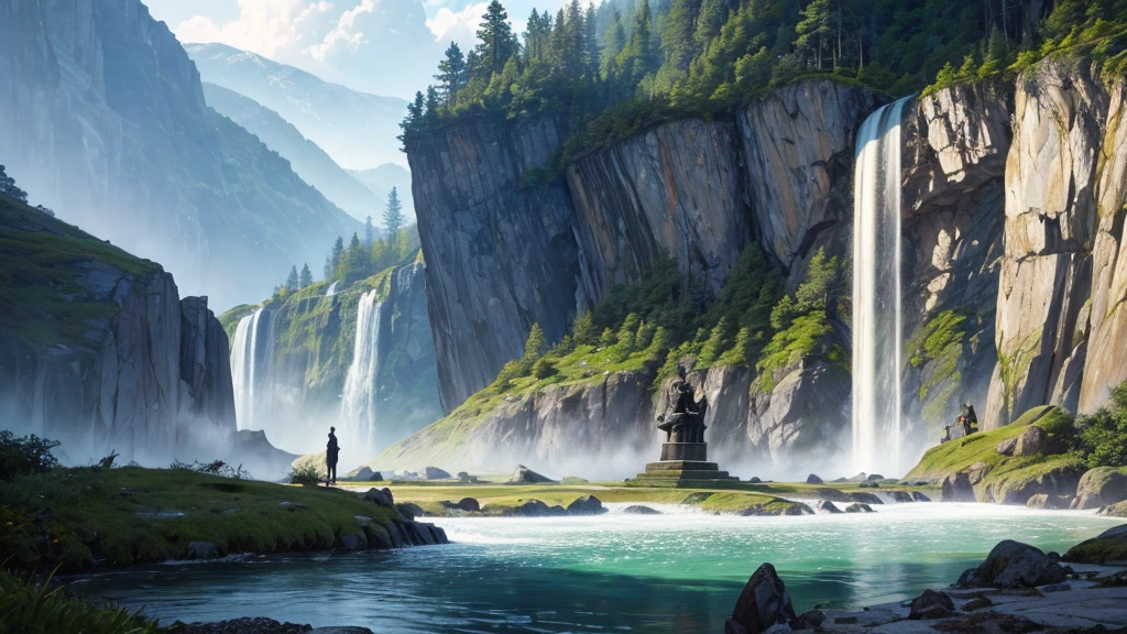a large statue of a seated figure, looks like Buddha, is placed on a circular platform on a large rock surrounded by verdant landscape and steep cliffs. A waterfall can be seen on the left side in the background. Fog or low clouds cover the lower part of the cliffs and waterfalls, creates a mysterious atmosphere for the scene. A wooden bridge leads from the front to the base of the statue, with some people visible on the bridge, suggests this was a place of visitation or pilgrimage. The scene seemed peaceful and majestic, perhaps impressed by its natural beauty and scale.
1
trendingpics.featuring