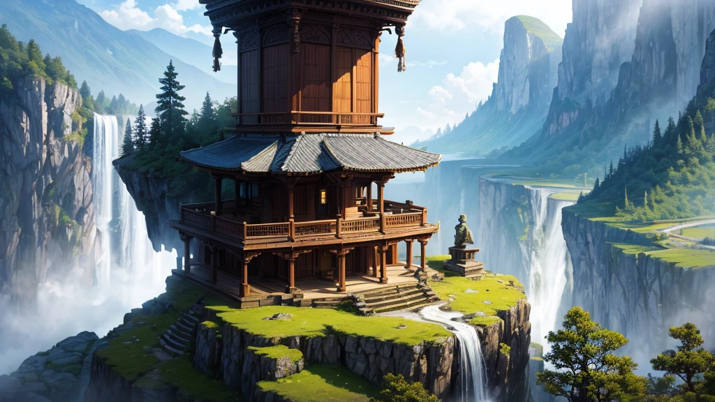 a large statue of a seated figure, looks like Buddha, is placed on a circular platform on a large rock surrounded by verdant landscape and steep cliffs. A waterfall can be seen on the left side in the background. Fog or low clouds cover the lower part of the cliffs and waterfalls, creates a mysterious atmosphere for the scene. A wooden bridge leads from the front to the base of the statue, with some people visible on the bridge, suggests this was a place of visitation or pilgrimage. The scene seemed peaceful and majestic, perhaps impressed by its natural beauty and scale.
1
trendingpics.featuring