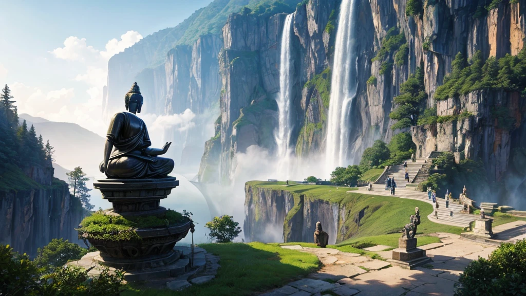 a large statue of a seated figure, looks like Buddha, is placed on a circular platform on a large rock surrounded by verdant landscape and steep cliffs. A waterfall can be seen on the left side in the background. Fog or low clouds cover the lower part of the cliffs and waterfalls, creates a mysterious atmosphere for the scene. A wooden bridge leads from the front to the base of the statue, with some people visible on the bridge, suggests this was a place of visitation or pilgrimage. The scene seemed peaceful and majestic, perhaps impressed by its natural beauty and scale.
1
trendingpics.featuring