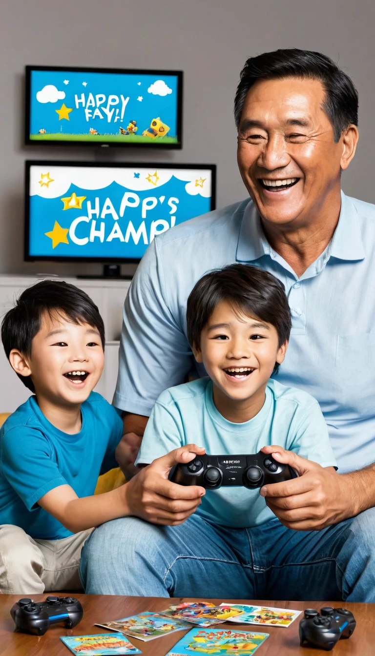 Father and Son Playing Video Games: Illustration of a father and son playing video games together, with a banner that reads "Happy Father's Day Game Champ!".