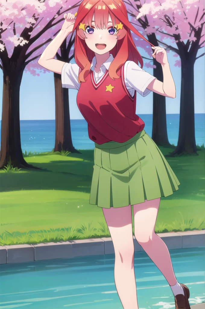 1 girl, Itsuki Nakano, bangs, blue eye, hair between the eyes, drowning, red hair, star \(symbol\), hair ornament, star hair ornament, medium breasts,
skirt, shirt, clavicle, white shirt, short sleeves, pleated skirt, tights, collared shirt, miniskirt, knee-length, white tights, green skirt, sweater vest, red sweater vest, loafers,
looking at viewer, alone, standing, outdoors, cherry blossoms, dancing cherry leaves,
smile, open mouth,
Masterpiece, best quality,