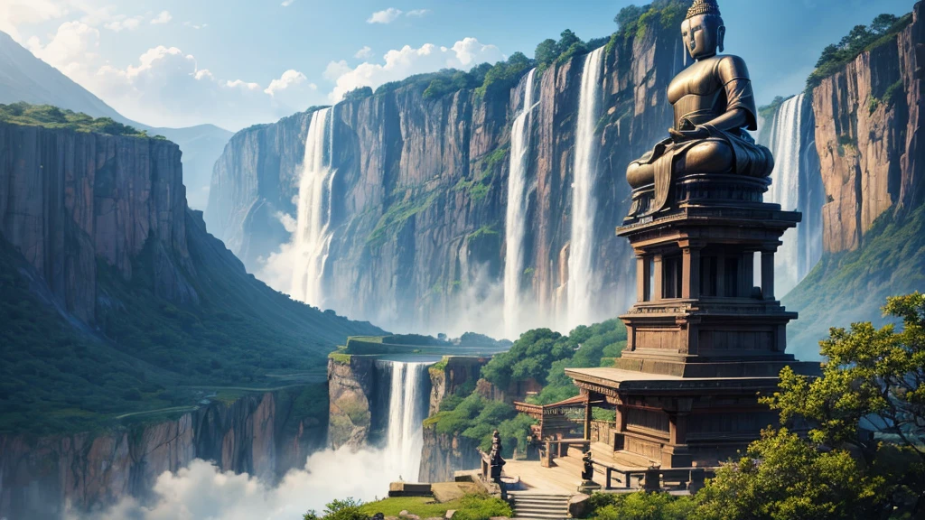 a large statue of a seated figure, looks like Buddha, is placed on a circular platform on a large rock surrounded by verdant landscape and steep cliffs. A waterfall can be seen on the left side in the background. Fog or low clouds cover the lower part of the cliffs and waterfalls, creates a mysterious atmosphere for the scene. A wooden bridge leads from the front to the base of the statue, with some people visible on the bridge, suggests this was a place of visitation or pilgrimage. The scene seemed peaceful and majestic, perhaps impressed by its natural beauty and scale.
1
trendingpics.featuring
