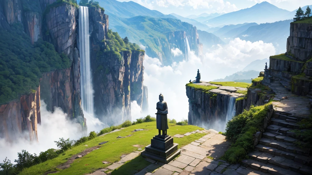 a large statue of a seated figure, looks like Buddha, is placed on a circular platform on a large rock surrounded by verdant landscape and steep cliffs. A waterfall can be seen on the left side in the background. Fog or low clouds cover the lower part of the cliffs and waterfalls, creates a mysterious atmosphere for the scene. A wooden bridge leads from the front to the base of the statue, with some people visible on the bridge, suggests this was a place of visitation or pilgrimage. The scene seemed peaceful and majestic, perhaps impressed by its natural beauty and scale.

1

trendingpics.featuring