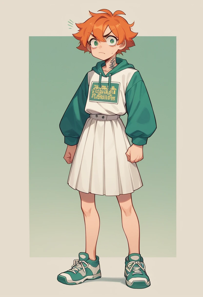girl height 145 cm,Bright orange hair, short and messy with locks sticking out in all directions and a noticeably raised part on the top of his head, Large and expressive eyes, Emerald green, facial expression Generally happy and determined, often smiles. It can also show an expression of resolve and courage white long sleeve shirt white skirt, and shoes, a tattoo on the neck, what is your identification number, "63194"