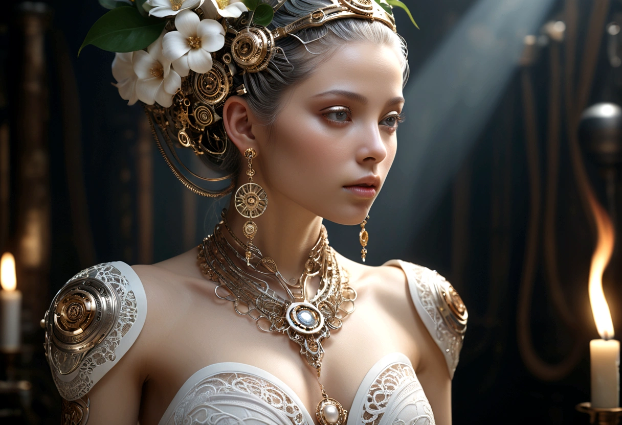 photore，sportrait，Complex 3D rendering of beautiful and charming biomechanical female robot，Has a porcelain finish、simulating、Beautiful natural light、rim-light、150mm lens、an aztec warrior、feater、nipple piercing、Aztec tattoo、flor branca、Vanilla leaves and stemeandering roots、white blossoms、Fine-leaved lace、steampunc、Silver-gold filigree detailing、alexander mcqueen haute couture、Pearl earrings、Art Nouveau embroidery、Hexagonal network cable、Mandelbro fractal、face muscles、cable wireicro Chip、ellegance、Beautiful natural light，Studio lights，rim-light，The is very detailed，ultra-realistic realism，Sharp，rendering by octane,HR Giger style，Volumetriclighting，8 k post production，God floating on fire[The discovery of the wormhole leads to the cursed Prince of the New World having to marry the Void]，[sci-fy：fanciful：0.6J movie lighting，detailedbackground，at centre，Michael Bay style，insane detailed，k hd，concept-art，number art，with dynamism，，（The most beautiful art in the world：1.2）
(Void 3 energy：1.3)