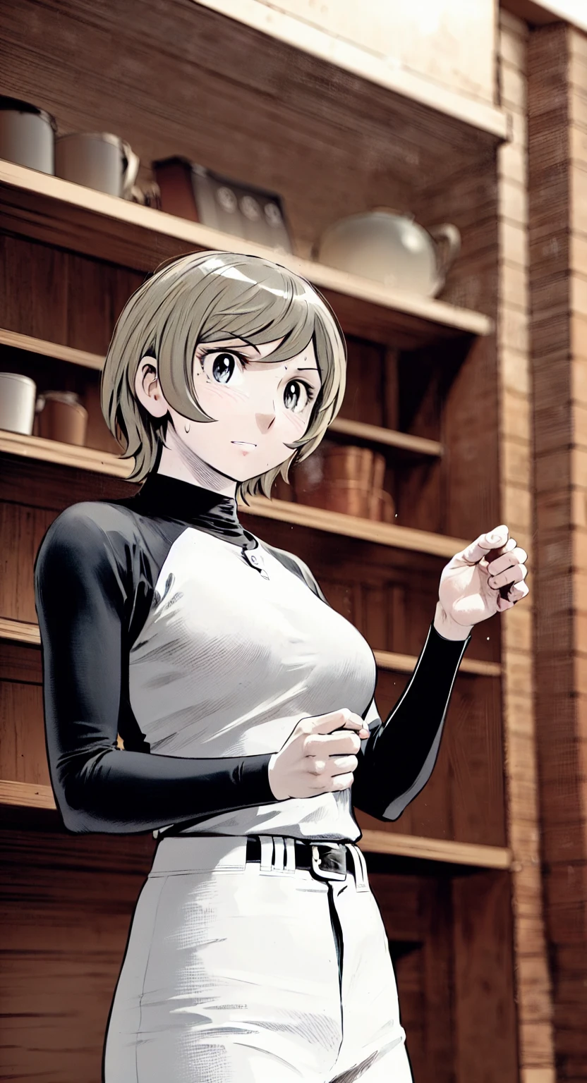 (野球uniform:1.2),
Blonde Hair, (short hair:1.2),Long sleeve, Black Shirt, turtleneck,White trousers、uniform、Black belt、((Illustration of people))、Big Boobs、
View Audience,, (Highest quality:1.3),One Girl, White pants、uniform、Outdoor、baseball ground、ground、soil、blue eyes、Tight black shirt、(masterpiece、Highest quality)、Highest quality, Ultra-high resolution, (((masterpiece))), alone, Sweat、Big eyes、Big Breasts、One Girl, Front view、Embarrassed face、Bronze colored hair、((short hair))、Stand up straight、Cowboy Shot