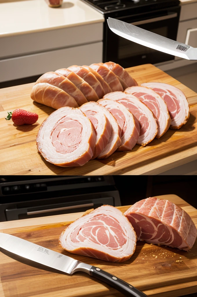 There is a cutting board and a knife on the kitchen countertop, and canned spam ham is taken out. The ham is cut in half and is double coated.